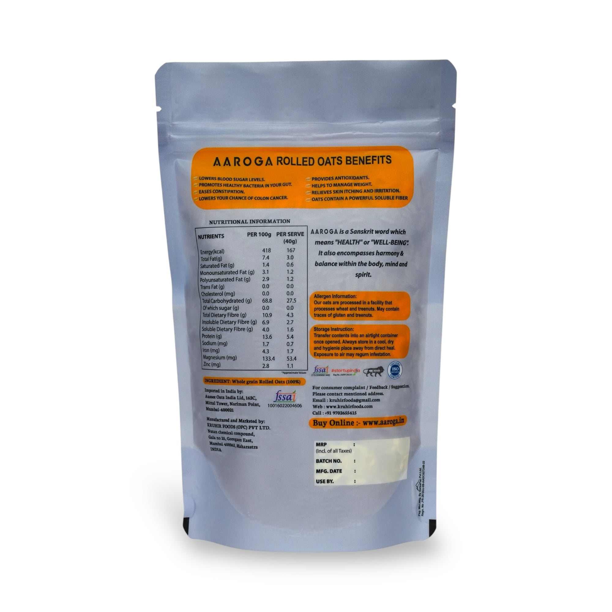 Aaroga Rolled Oats | 100% Whole Grain (200 GMS)