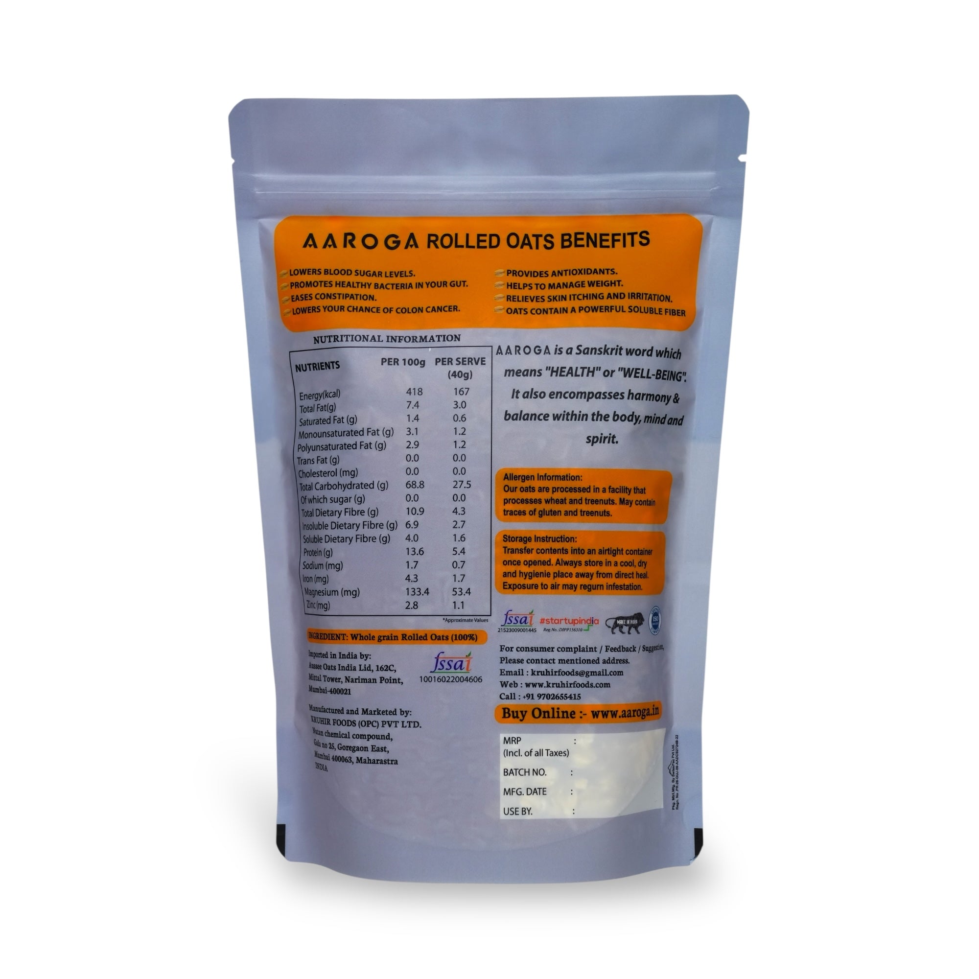 Aaroga Rolled Oats | 100% Whole Grain (500 GMS)