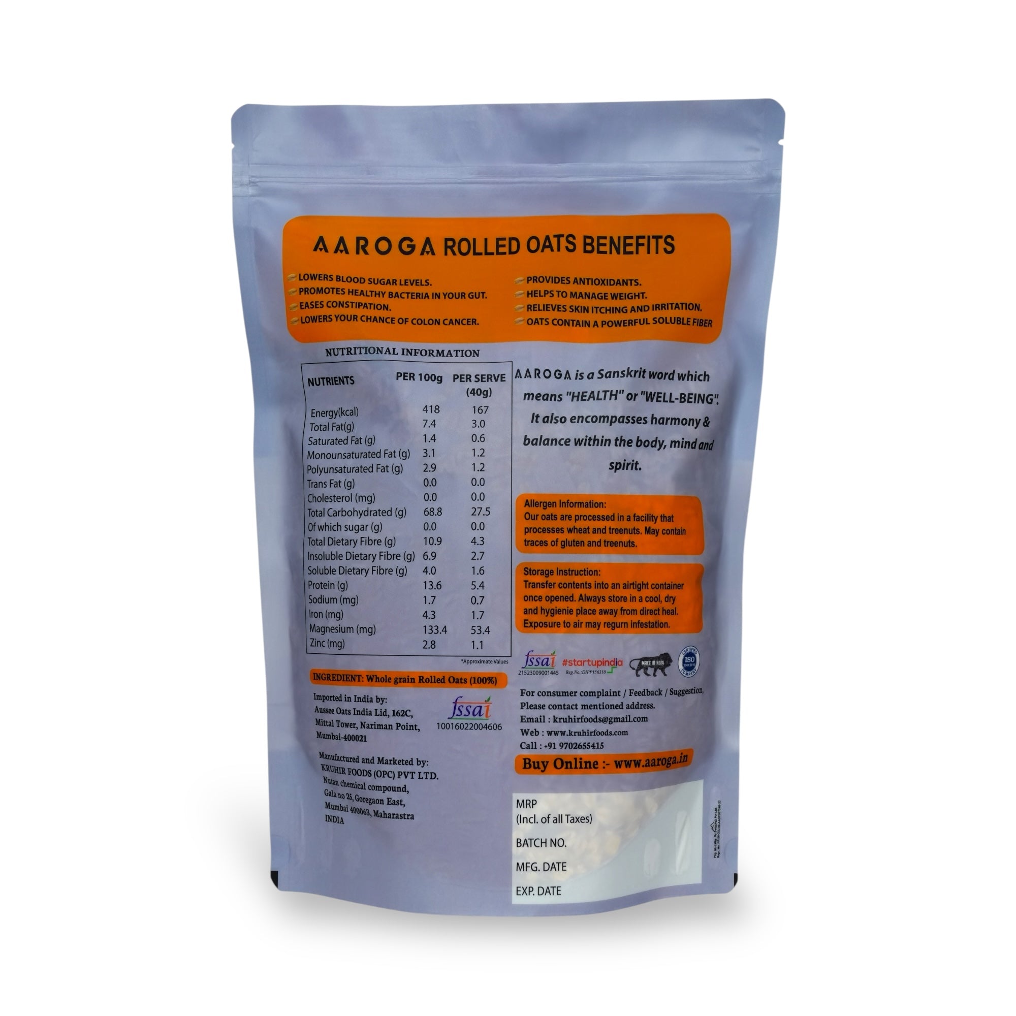 Aaroga Rolled Oats | 100% Whole Grain (1 KG)